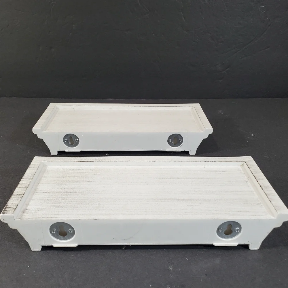 2 Distressed White Resin Floating Wall Shelves w Hanging Hooks Home Decor Accent